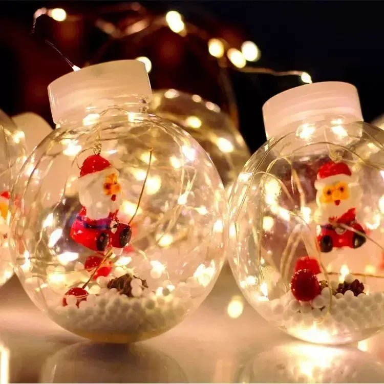LED Christmas curtain light set with 10 fairy ball lamps featuring snowman, wishing ball and Christmas tree designs for window decoration and room lighting during festive events