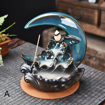 Monochrome glazed porcelain backflow incense burner with smoke waterfall effect and abstract Chinese design