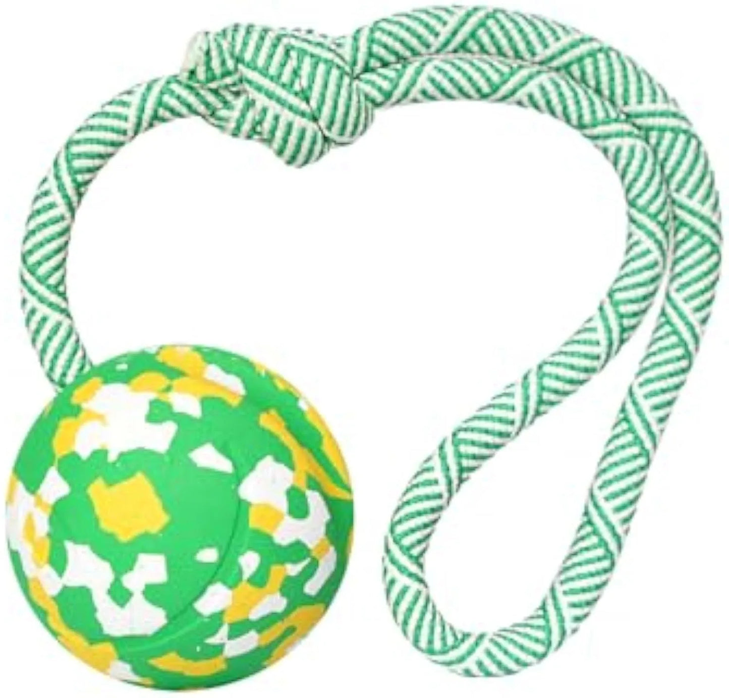 Dog ball on rope toy with solid natural rubber ball and nylon rope for interactive play