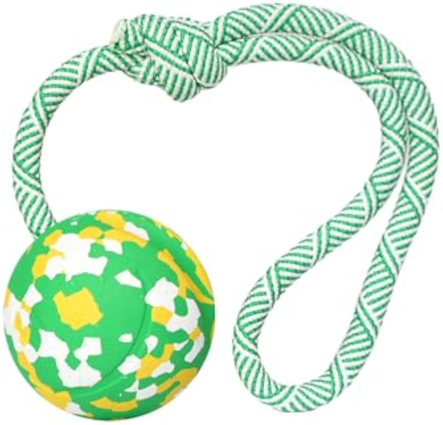 Dog ball on rope toy with solid natural rubber ball and nylon rope for interactive play