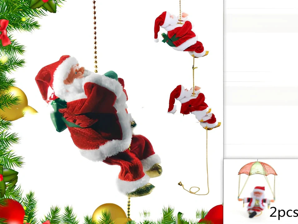 Electric plastic Santa Claus on 30cm climbing ladder with riding deer, in red suit, for Christmas decorations