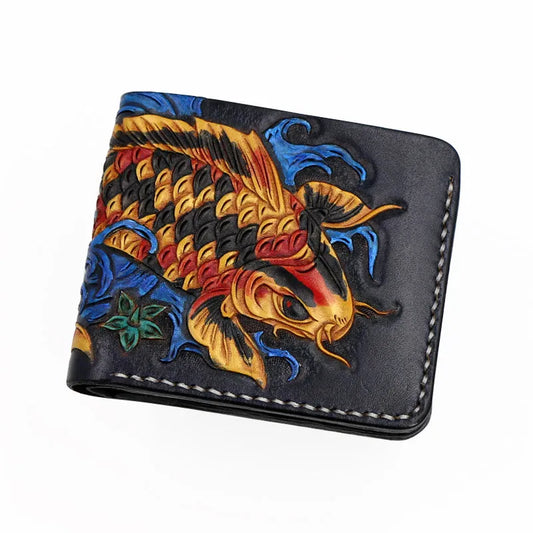 Men's hand-carved cow leather short wallet showing texture detail and compact 10x12cm dimensions