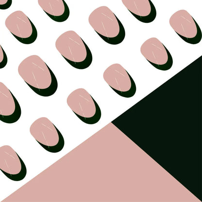 Set of 24 black French style false nails in a short almond shape laid out on a white surface.