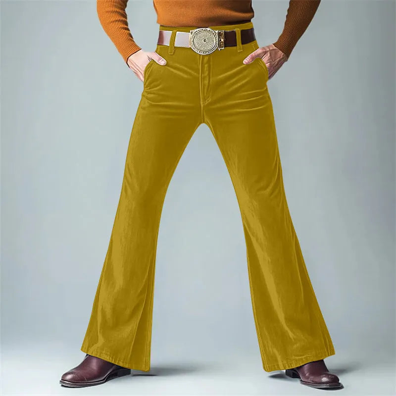 Men's velvet slim flared suit trousers in seven colours including black, dark red, green, blue, khaki, brown and yellow