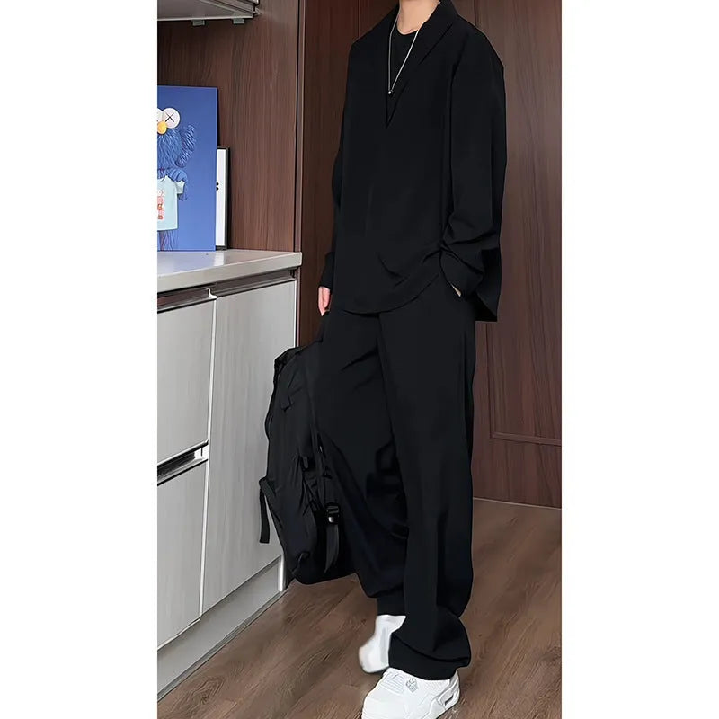 Men's two-piece casual suit with long sleeve polo shirt and trousers in elastic hemp fabric