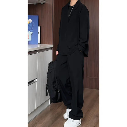 Men's two-piece casual suit with long sleeve polo shirt and trousers in elastic hemp fabric