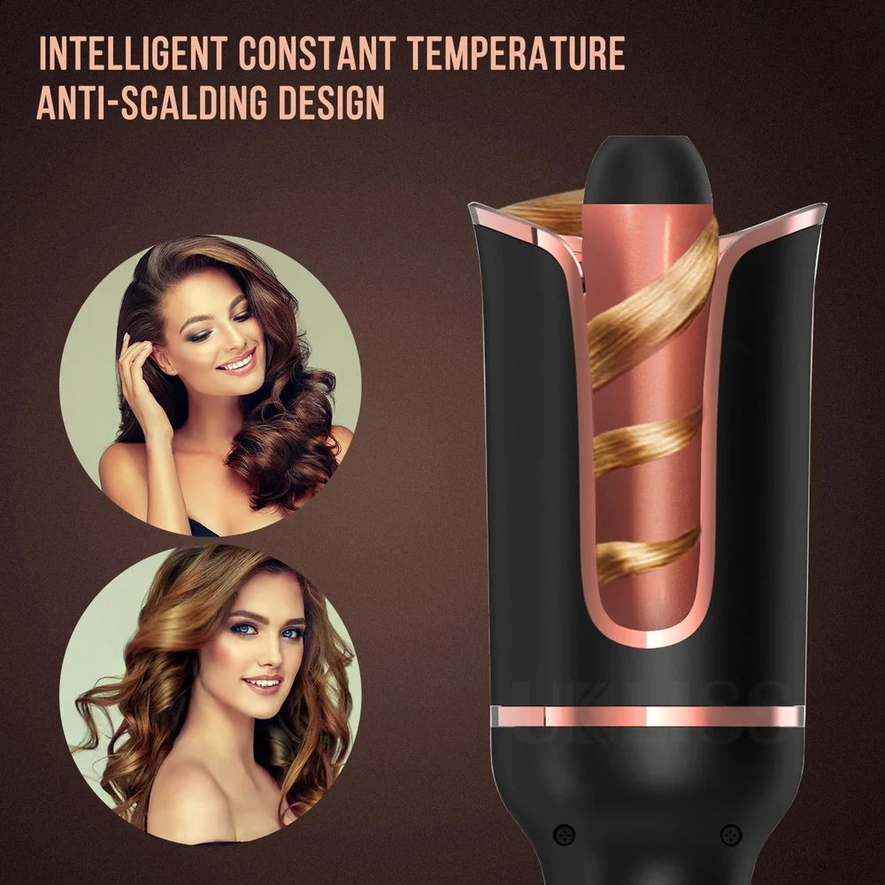 Black automatic hair curler with rotating 16-20mm barrel and digital temperature display showing 10 heat settings