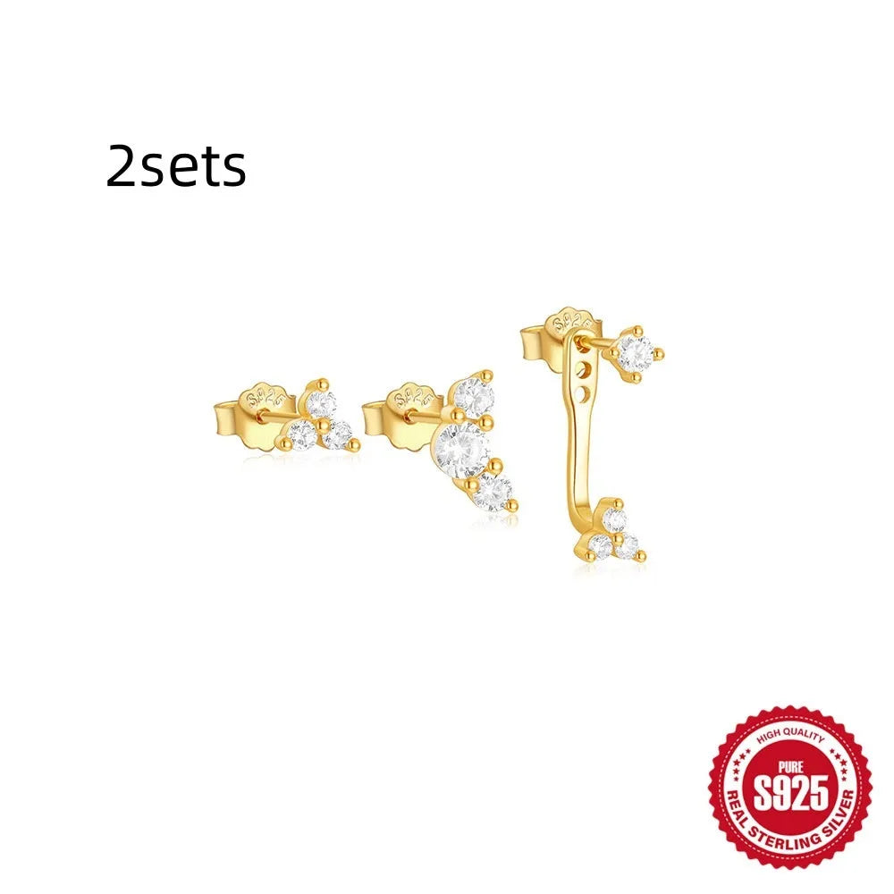 S925 sterling silver geometric earring set with three designs featuring zircon accents in gold tone finishes
