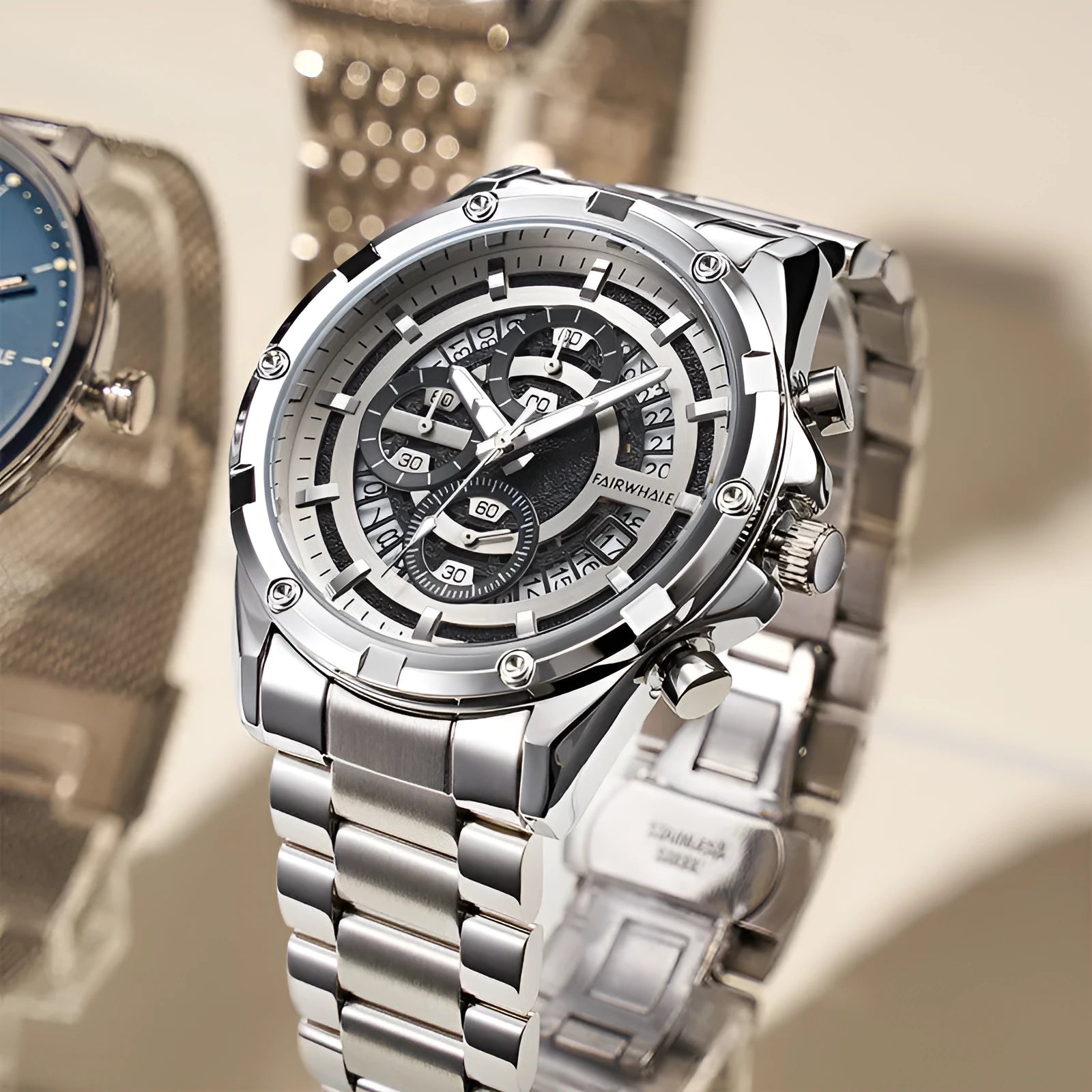 Men's waterproof luminous casual quartz watch with a steel belt, shown in black/blue, black/gold, and silver/white colour options.