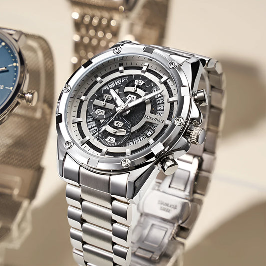 Men's waterproof luminous casual quartz watch with a steel belt, shown in black/blue, black/gold, and silver/white colour options.