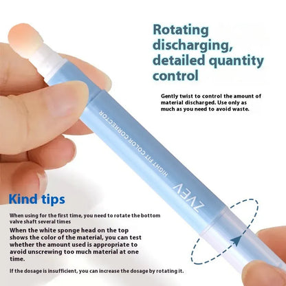 Concealer pen with sponge brush head applicator showing three shade options: brightening, pink flesh, and flesh colour