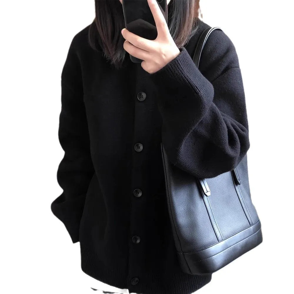 Black cotton cardigan sweater coat for women, long sleeves, medium thickness, Japanese Korean style, sizes S to XL