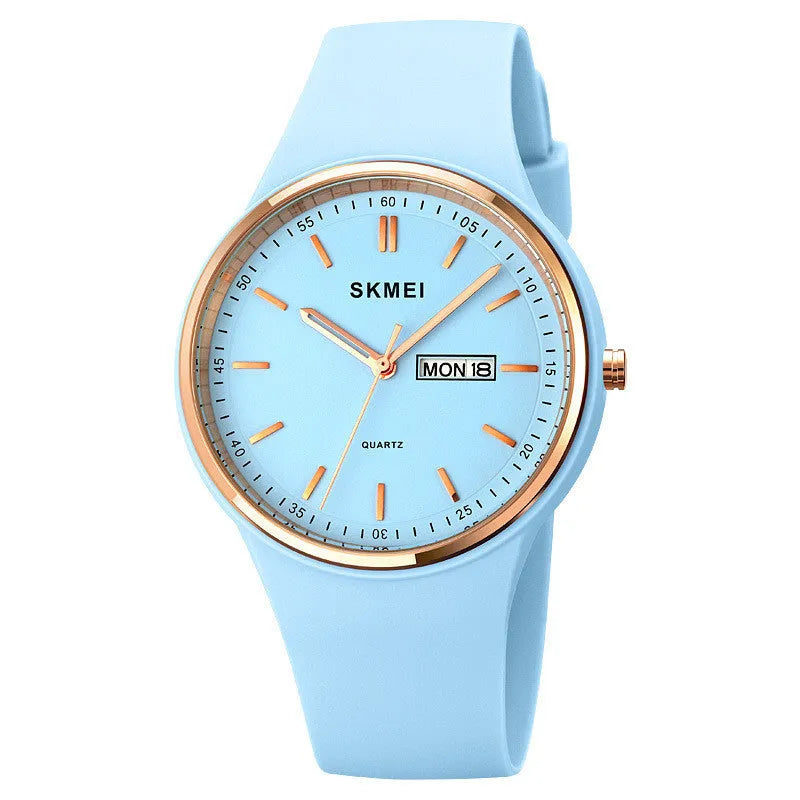 Silicone quartz watch for female students with 42mm dial in six colour options.