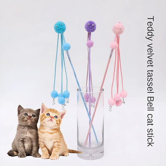 Funny cat stick toy with colourful feather tassel on elastic cord, shown in blue, pink, and purple options.