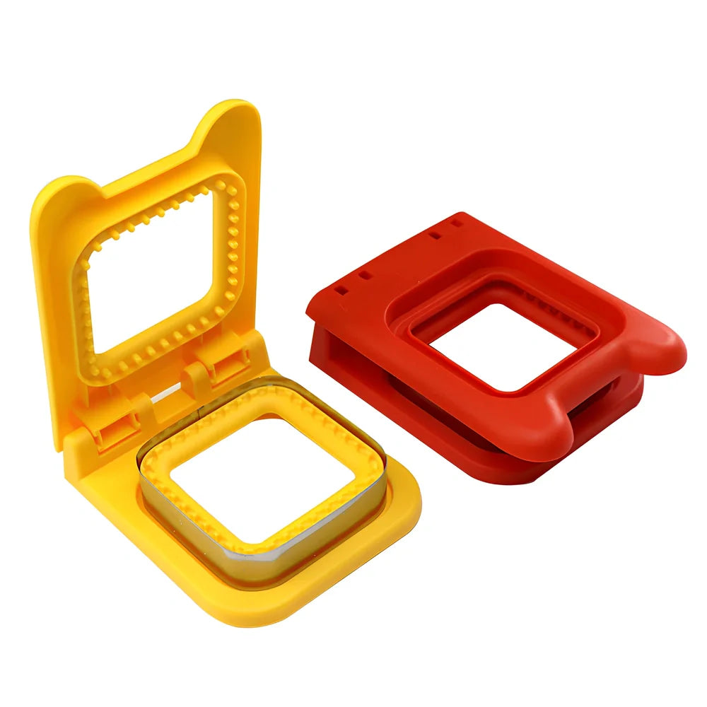 Red square sandwich press mould creating hemmed breakfast sandwiches with clean edges