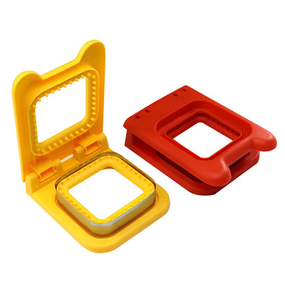 Red square sandwich press mould creating hemmed breakfast sandwiches with clean edges