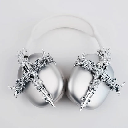 Gothic cross design hard resin case for Apple AirPods Max headphones in silver colour