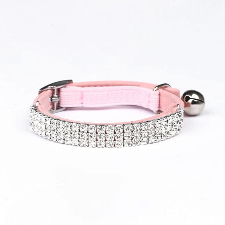Adjustable velvet cat collar with rhinestones in five colour options showing 20-30cm length