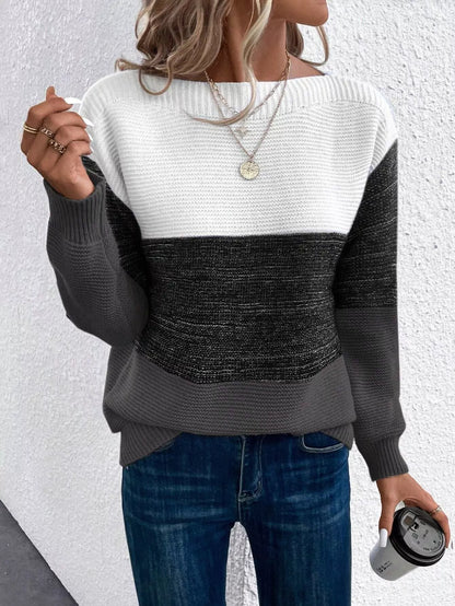 Women's round neck pullover sweater with unique splicing design in various colors