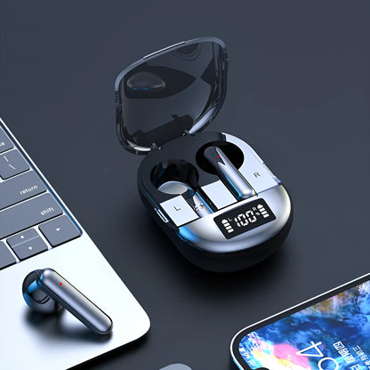 Wireless Bluetooth in-ear headphones with charging case, available in black or white colours