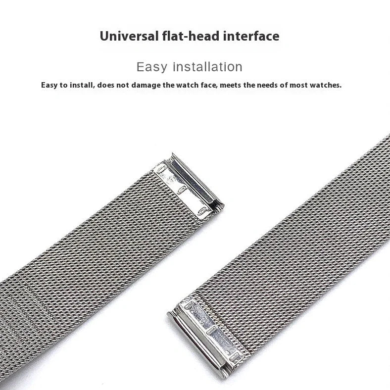 Silver stainless steel watch strap with double buckle closure showing eight width options from 10mm to 24mm