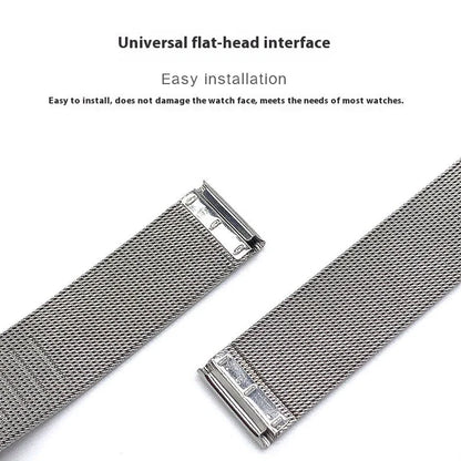 Silver stainless steel watch strap with double buckle closure showing eight width options from 10mm to 24mm