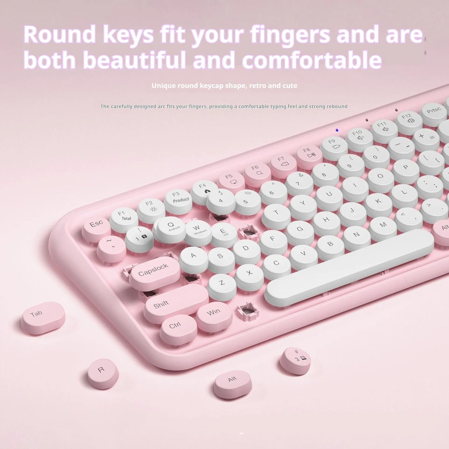 Pink Bluetooth wireless keyboard with 84-key layout showing crater architecture buttons