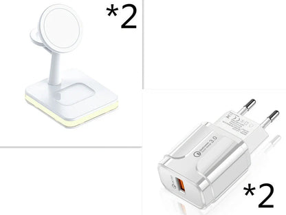 Black three-in-one wireless charger magnetic bracket on a desk charging multiple devices