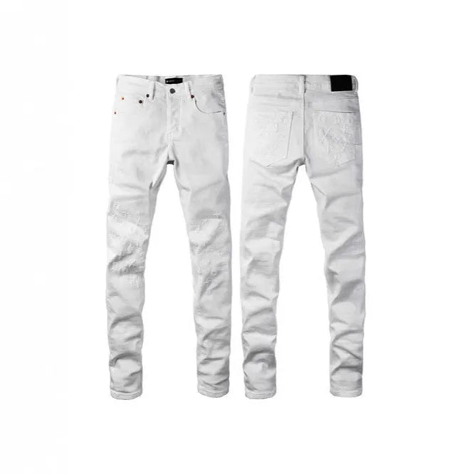 A pair of black men's slim-fit skinny jeans with a straight-leg pencil pants silhouette on a mannequin.