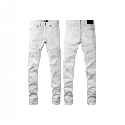 A pair of black men's slim-fit skinny jeans with a straight-leg pencil pants silhouette on a mannequin.