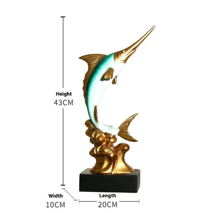 European-style swordfish resin ornament in Brilliant Gold, Coral Red, Lake Blue, or Sea Green colour options