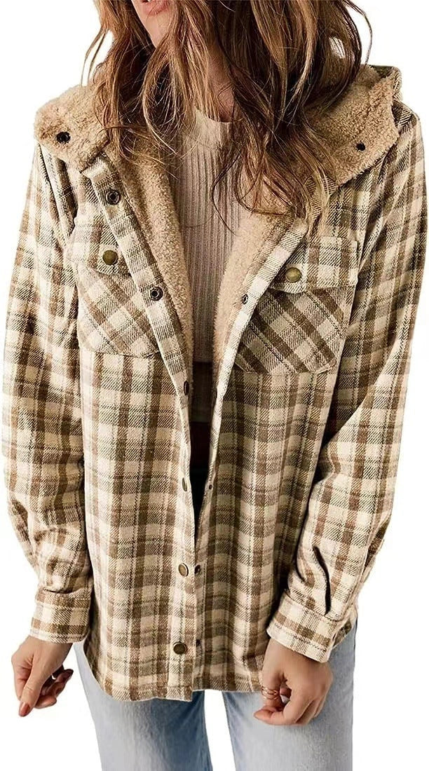 Casual Plaid Hooded Woolen Coat with fleece lining in various colors