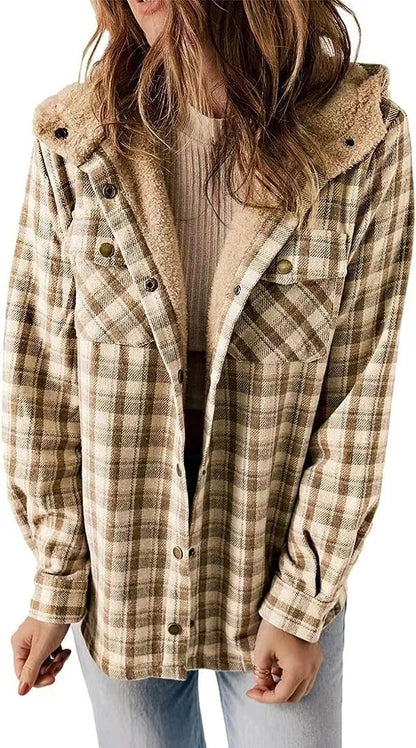 Casual Plaid Hooded Woolen Coat with fleece lining in various colors