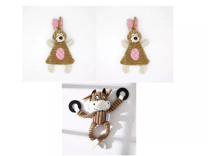 Donkey-shaped corduroy chew toy for dogs with squeaker, available in white, brown, and gray
