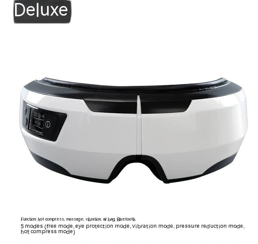 Black and white eye massager with USB cable, showing contoured design for eye socket placement