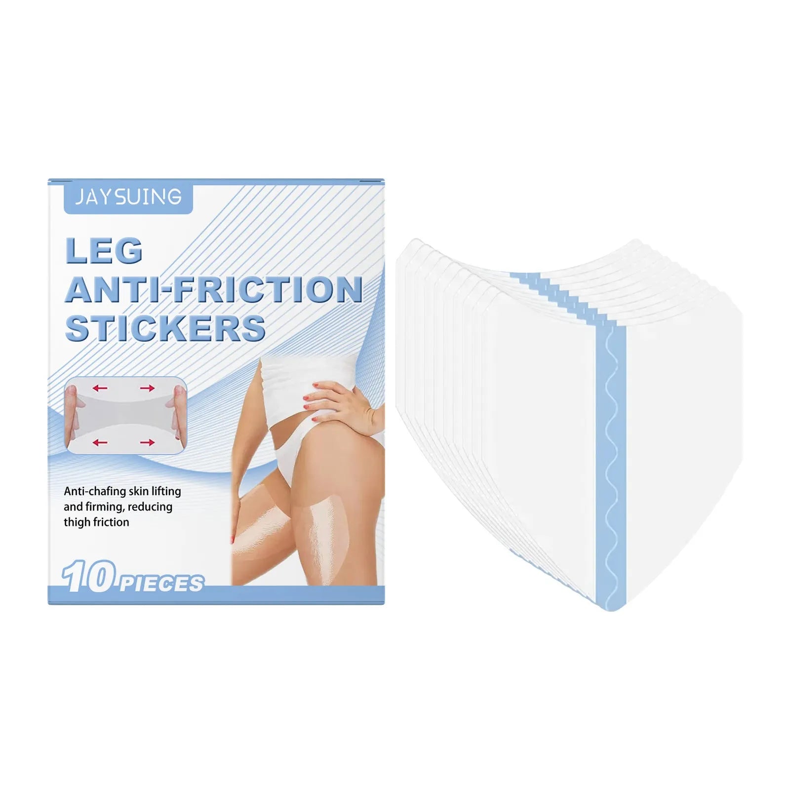 Pack of 10 leg anti-wear adhesive patches for preventing thigh chafing.