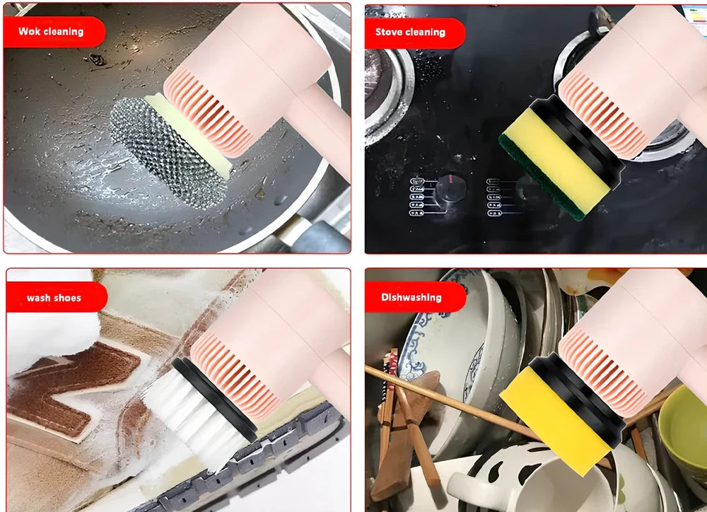 Electric cleaning brush with pink housing and multiple brush attachments for kitchen and bathroom surfaces