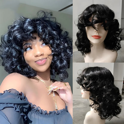 Black synthetic Afro wig with long curly style made from heat dyeable high temperature fibre