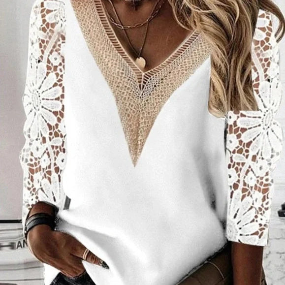 Black lace commuter shirt with nine-quarter sleeves and V-neck stitching on hanger