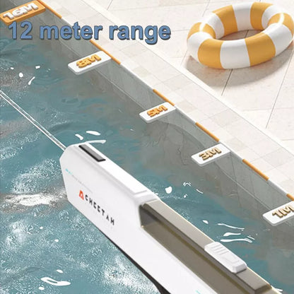 Electric water gun toy in sky blue, cherry pink, and pearl white with 12-meter range