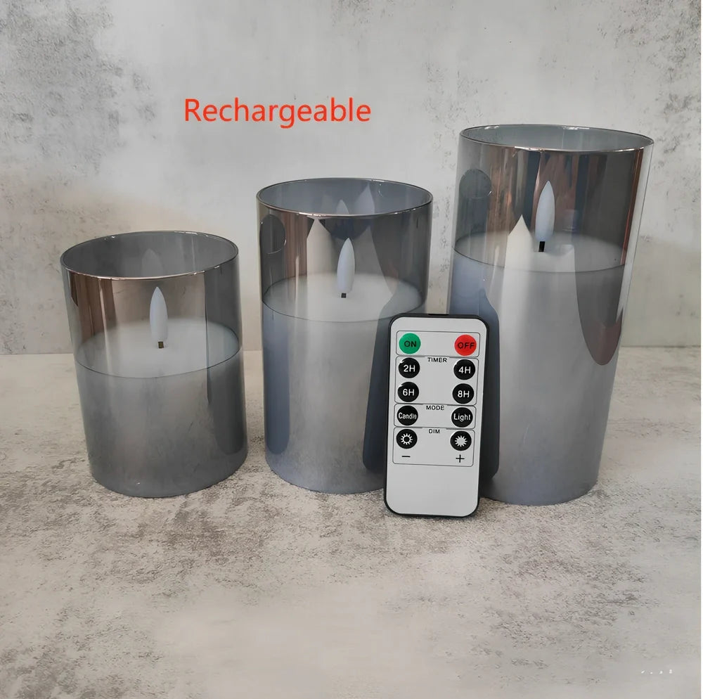 Electroplated glass LED electronic candle with gold finish and realistic flame simulation