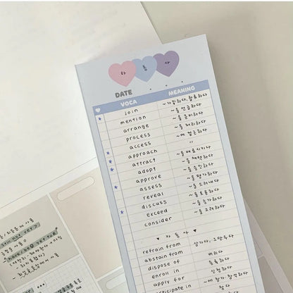 Vertical double-sided learning notepad showing 30 sheets in B5 half size (9.1x25.7cm) for English words practice