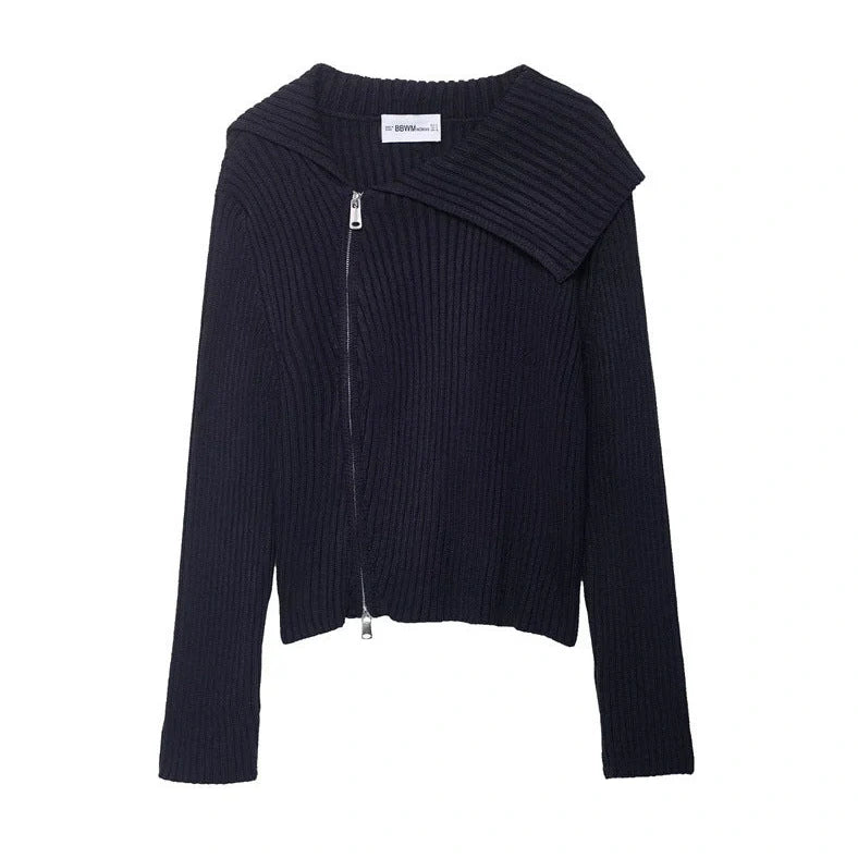 Women's ribbed knitted jacket with contrast stripes and zipper closure in regular 50cm length