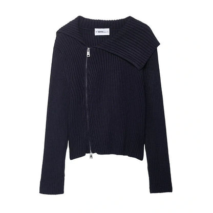 Women's ribbed knitted jacket with contrast stripes and zipper closure in regular 50cm length