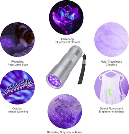 Black and silver handheld UV LED flashlight for detecting stains and insects.