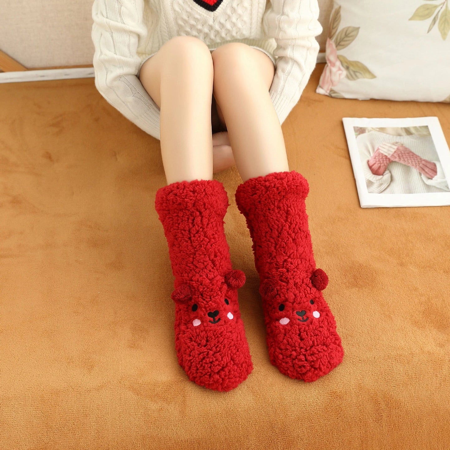 Cozy coral fleece socks with unique Japanese-inspired cartoon designs, providing warm and comfortable indoor lounging and sleeping