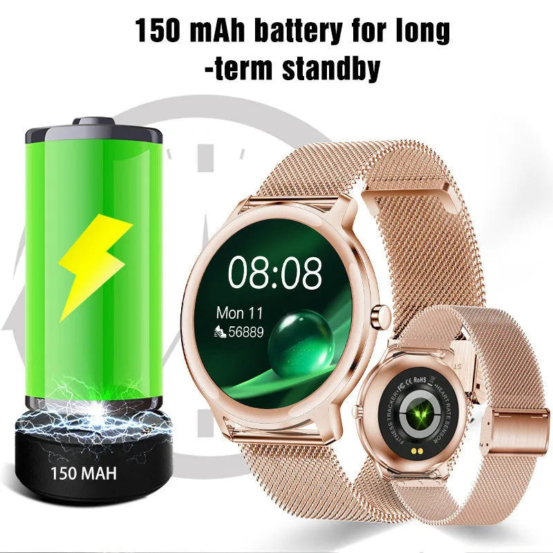 Women's smart watch bluetooth bracelet sports waterproof 1.3 inch TFT touch screen with stainless steel mesh or strap band in rose gold or silver colours for activity tracking and phone notifications