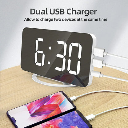 Digital Mirror Clock with LED display and dual USB ports in white and black options