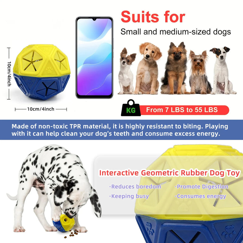 Dog toy ball chew-resistant food dispensing puzzle feeder ball designed for interactive indoor and outdoor enrichment, hollow construction for treats with durable plastic material in choice of red or blue colour
