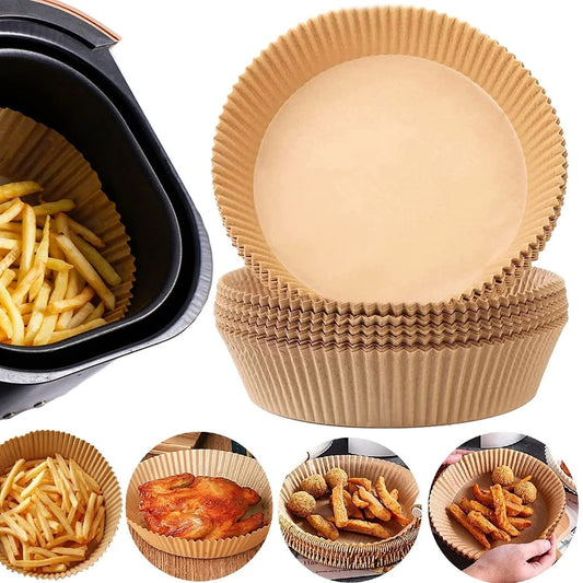 Disposable air fryer liners made of durable, food-grade parchment paper for effortless cleanup and healthy cooking